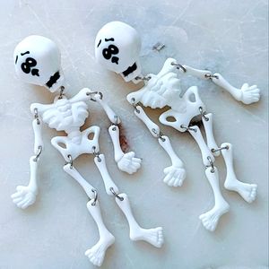 Vtg. LHalloween Skeleton Dangle Earrings White Plastic Hinged Joints Skulls 1990